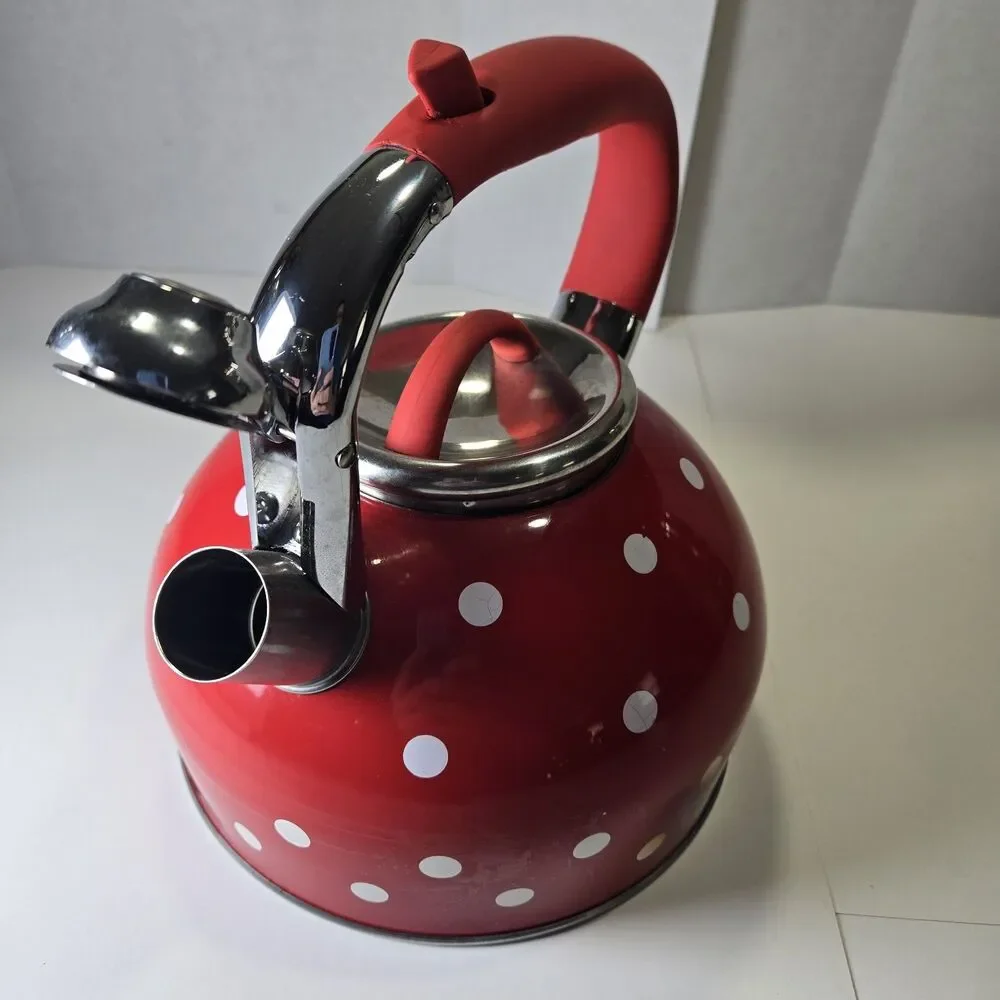 Retro Red Polka Dot Whistling Teakettle - Pristine Interior - Please Read